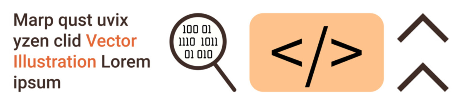 Software development, coding, data analysis, debugging, programming education, web design. Binary code and coding icons with magnifying glass. Software development and coding