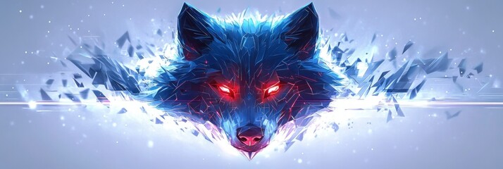 Fractured crystalline wolf head with glowing red eyes, neon blue fur and scattering glass-like shards, intense fierce expression and futuristic luminescent energy