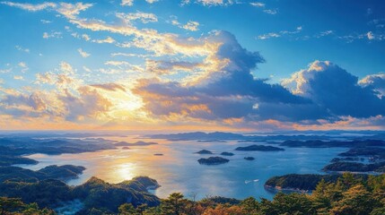 Vibrant sunset over a serene seascape with scattered small islands and lush green hills under a partly cloudy sky