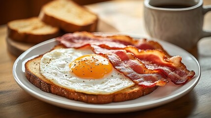 sunny side up egg on toasted bread with crispy bacon strips on a white plate, extra toast and a coffee mug on a wooden table, warm cozy appetizing morning breakfast