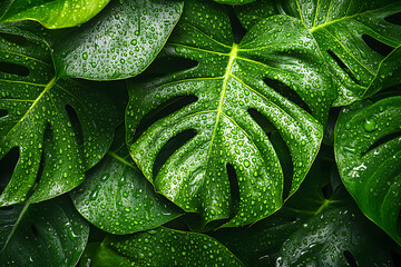 Fototapeta premium Tropical green monstera leaves background with water drops