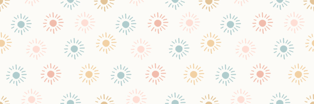 Seamless boho pattern with hand drawn sun and star. Cute childish print for nursery decor. Pastel abstract shapes create whimsical summer background with sun motifs. Vector illustration