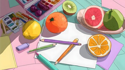 A colorful still life of fruit and art supplies on a pastel background