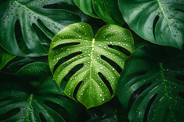 Fototapeta premium Tropical green monstera leaves background with water drops