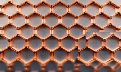 Close-up of a reflective copper hexagonal lattice honeycomb grid with metallic nodes, repeating geometric pattern conveying precision, warmth and futuristic order