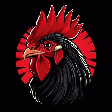 bold proud rooster head illustration with red comb, orange beak, black glossy feathers and fierce intense gaze against a red sunburst circle, powerful and dramatic