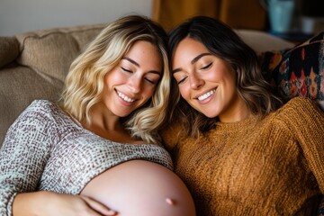 two women seated closely on a couch, one with a visible pregnant belly, sharing a warm affectionate and relaxed moment at home