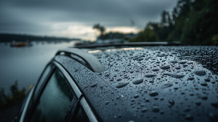 Close-up of a car sunroof covered in raindrops, capturing reflections on the roof and the moody, rainy atmosphere of a wet urban drive.