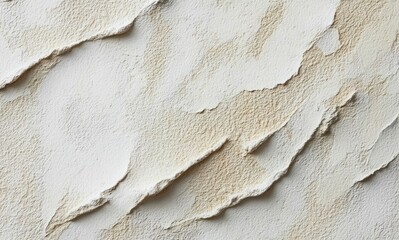 Naklejka premium Close-up of peeling plaster wall with layered torn edges and rough stucco texture in beige and off-white, conveying an aged, weathered and distressed mood