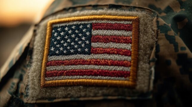 Close-up of an embroidered american flag patch on camouflage uniform conveying solemn pride and service in warm sunset light