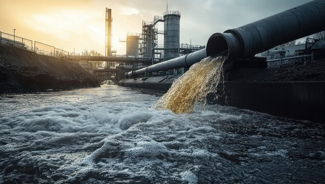 Large industrial pipe spilling brown foamy wastewater into a concrete channel beside storage tanks and towers at dusk, a bleak and alarming scene of pollution