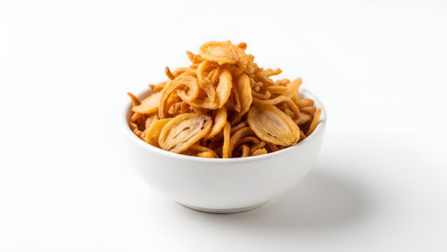Realistic image of crispy fried shallots served in a white bowl, placed on a white surface with a clean white background, highlighting golden color and crunchy texture.