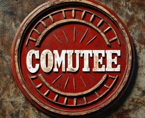 weathered red rusted circular metal badge with raised distressed white lettering reading comutee, radial sunburst details and a vintage industrial rugged feel