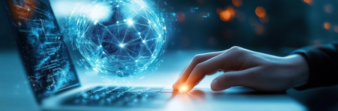 Close-up of a person’s hand typing on a laptop keyboard with a glowing digital network sphere hovering above, symbolizing global connectivity and advanced technology - Powered by Adobe