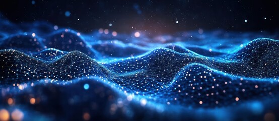 glowing blue digital mesh waves with interconnected points and sparkling particles, a serene futuristic abstract data landscape