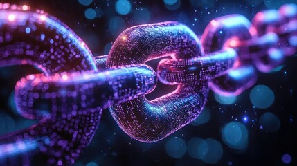 Close-up of glowing digital chain links made of luminous particles and dots in neon purple and blue with bokeh lights, futuristic high-tech energy and connection