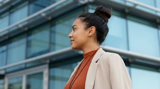 Confident Young Businesswoman's Side Profile Against Modern Glass Office Building in Urban Setting, Representing Professionalism, Ambition, and Suc...