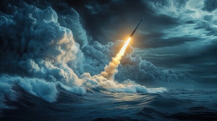 Rocket piercing stormy clouds above a turbulent ocean with fiery exhaust and towering spray, a dramatic scene of tension and awe