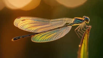 A damselfly at sunset, wings iridescent
