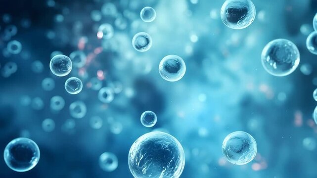 Microscopic View of Transparent Bubbles Floating in Blue Liquid Serene and Ethereal Atmosphere with Delicate Details