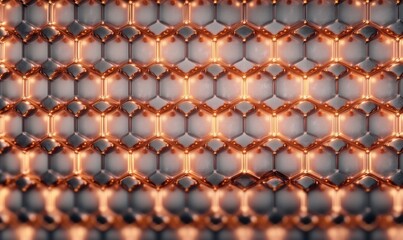 reflective honeycomb lattice of hexagonal metallic cells with glowing copper seams and matte gray centers, warm futuristic and mesmerizing