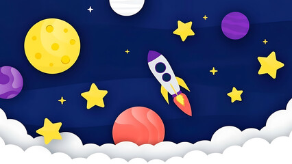 Vibrant cartoon rocket soars through starry night sky with planets © Kiki