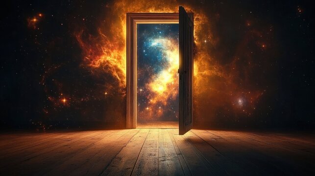 open wooden door glowing with fiery light reveals a colorful cosmic galaxy of stars and nebulae beyond a dark room with wooden floor