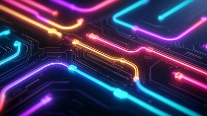 Neon circuit glowing lines show peak energy flow and reliability in futuristic technology design
