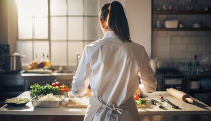 Back view of a professional chef preparing fresh vegetables on a kitchen counter with natural light