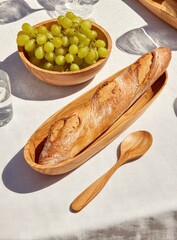 Fresh baguette and green grapes served on a rustic table setting.