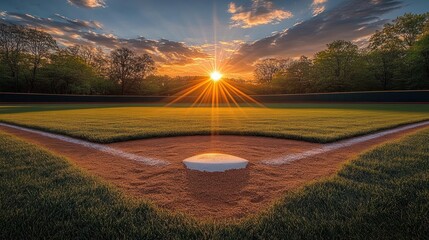 Sunrise over an empty baseball field with home plate in foreground surrounded by lush green grass and trees under a dramatic sky