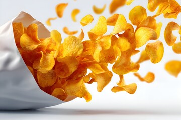 Crispy golden potato chips spill out of a white foil bag in a tempting display of deliciousness on a clean white background creating movement.