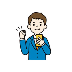 スマートフォンを持ってガッツポーズをする、若いビジネスマンのベクターイラスト素材＿カラー