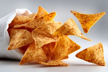 Golden tortilla chips spilling from a white bag are arranged against a light gray background to entice hungry viewers for snack time.