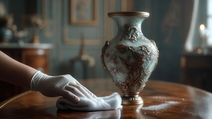 A gloved hand cleans a vase