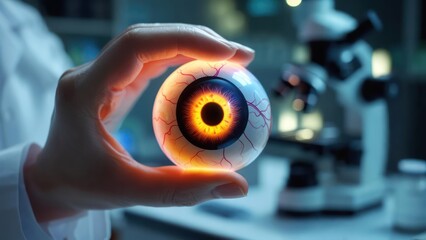 A gloved hand gently cradles a glowing, realistic artificial eyeball