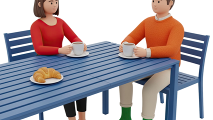 Two cartoon people having coffee and croissant at a blue table