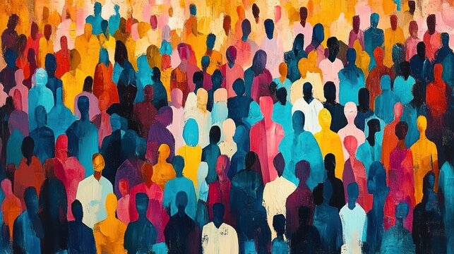 Abstract painting of a diverse crowd of faceless people in vibrant colors conveying community and unity