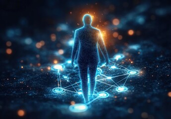 glowing digital human figure walking across a luminous network of connected nodes and data points, bathed in blue and orange light, evoking futuristic exploration and determination