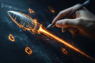 Hand sketching a glowing holographic rocket with a stylus on a dark digital grid, bright orange motion trail conveying futuristic innovation and creative ambition