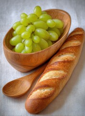 Fresh green grapes fill a wooden bowl next to a crusty baguette.