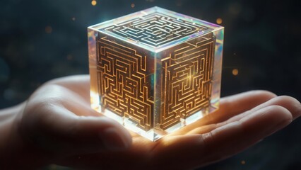 A glowing cube maze held in a hand