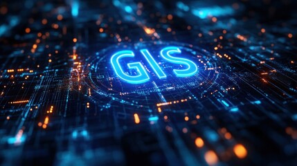 Glowing blue letters GIS surrounded by futuristic digital circuit patterns with orange and blue lights depicting technology and data connectivity