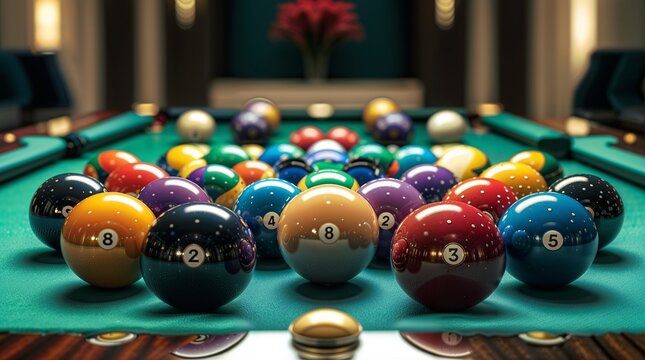 A richly detailed and luxurious billiard table dominates the foreground, crafted from polished dark wood with elegant grain patterns and a flawless emerald-green felt surface