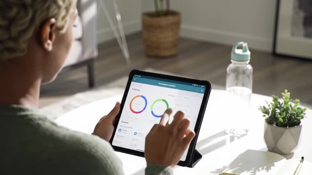 Calm diverse person using a digital health app on a tablet in a sun-drenched modern minimalist living space with wellness items, soft natural light, and shallow depth of field. Concept of proactive