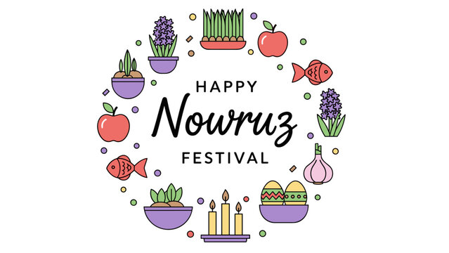 Cute Flat Vector Circular Frame of Haft-Seen Elements for Nowruz &ndash; Pastel Sabzeh, Hyacinth, Goldfish, Apples and Candles on White Background with Central Copy Space