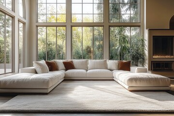 Obraz premium Bright spacious living room with large U-shaped beige sofa, white and brown cushions, large windows showing lush greenery outside, and a modern fireplace
