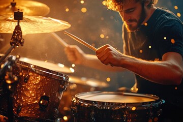 drummer energetically striking a drum kit with sticks and cymbals under warm golden stage lights, captured mid-motion with flying particles and intense rhythmic focus