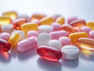 Assortment of colorful pills and capsules including pink oblong tablets, white round tablets, red softgels and orange gel capsules on a reflective surface, clinical calm