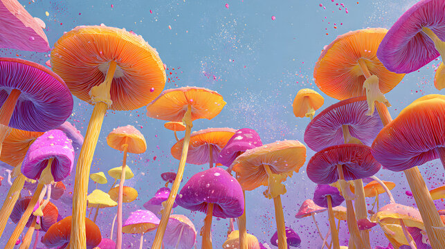 dise&ntilde;o de hongos coloridos en colores rosa con naranja estilo surrealista moderno de fantasia plantas exoticas